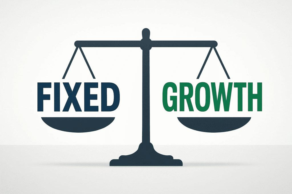 Digital scale balancing 'Fixed Mindset' and 'Growth Mindset,' representing the choice between limiting and empowering beliefs.