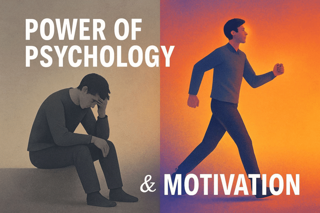 - A split-image showing a person on one side sitting discouraged, and on the other side taking positive action, symbolizing overcoming lack of motivation.