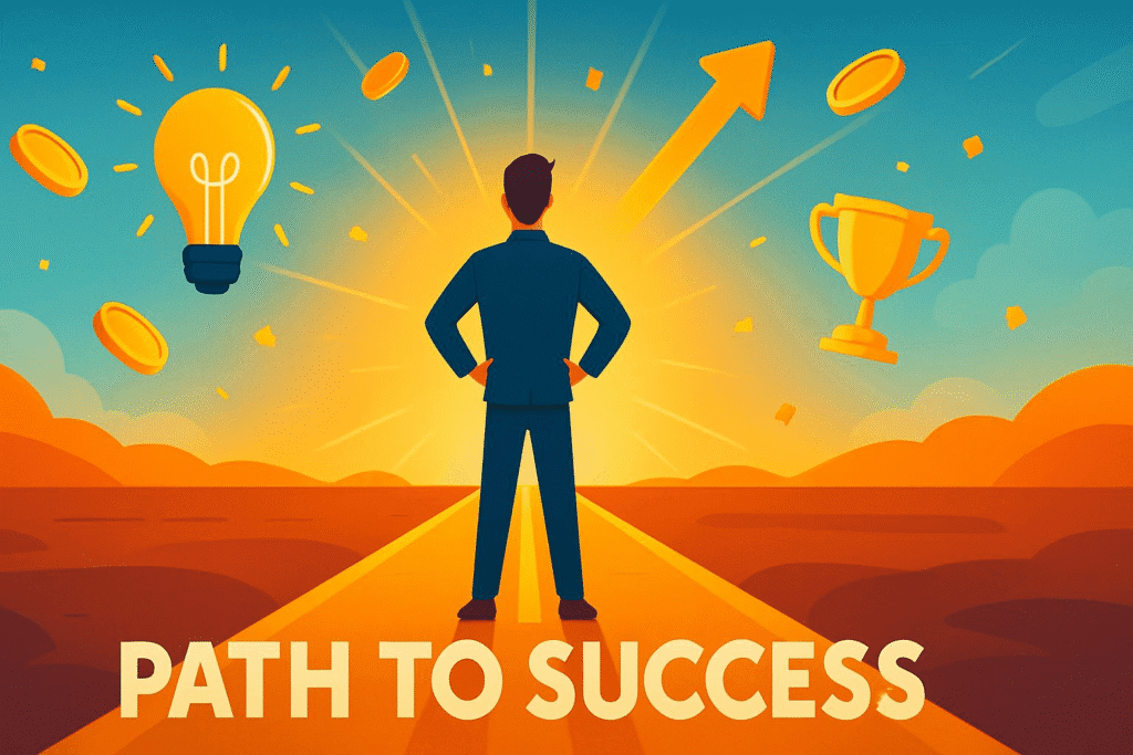 An illustration of a determined individual standing at the beginning of a path leading to success, surrounded by motivational symbols like a lightbulb, a trophy, and an upward arrow.