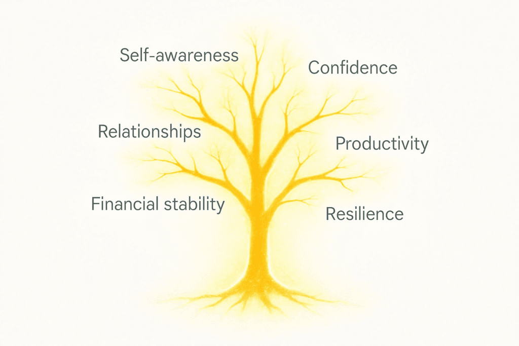 A glowing tree with branches labeled self-awareness, confidence, productivity, resilience, relationships, financial stability, and learning, symbolizing holistic growth.