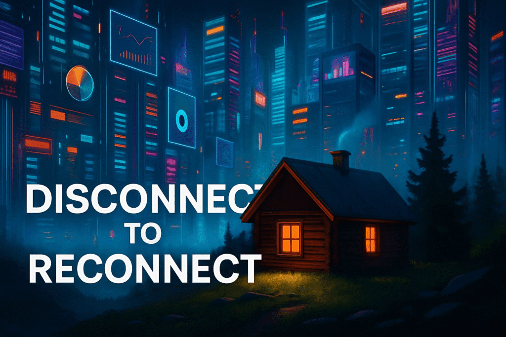 A futuristic cityscape with screens and digital overload, contrasted with a peaceful isolated cabin in nature, representing the importance of disconnecting in an increasingly distracted world.