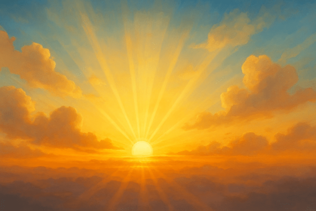 - A sunrise with light rays breaking through clouds, symbolizing hope, renewal, and the beginning of positive change.