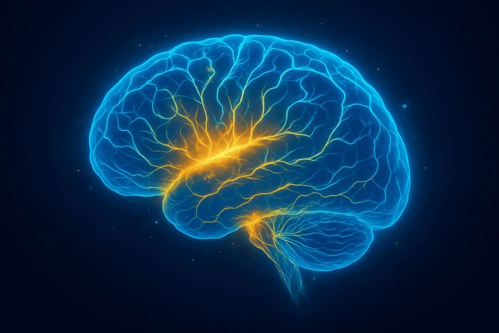 An abstract digital illustration of a brain glowing with interconnected neural pathways, representing how boredom activates the default mode network and enhances deep thinking.