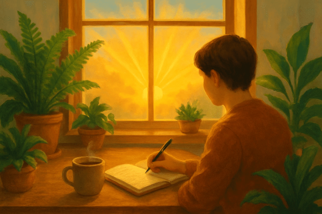 A person journaling with a cup of coffee nearby, surrounded by plants, with natural light streaming through a window, evoking calmness and mindfulness.