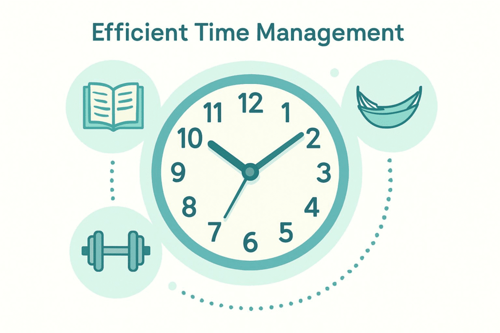 An infographic-style clock surrounded by icons for tasks like studying, relaxing, and exercising, symbolizing effective time management.