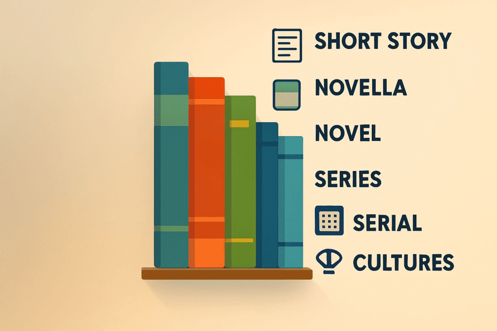 Infographic showcasing criteria for long stories: word count, volumes, serialization, and cultural formats, represented visually with bookshelves and icons.
