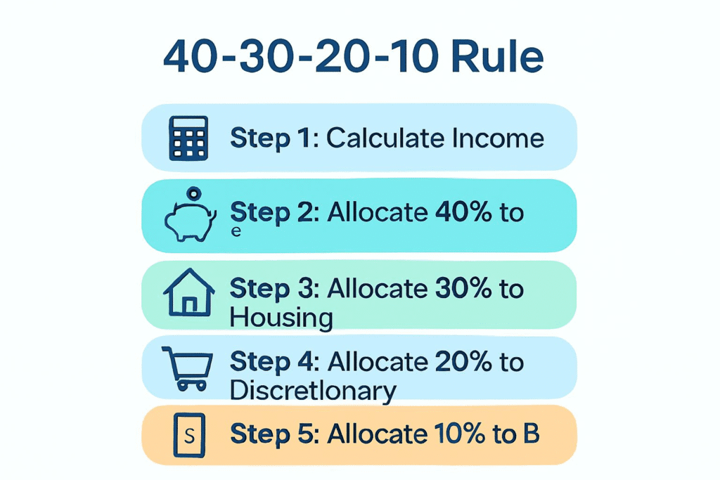 Step-by-step infographic showing budget planning actions like calculating income, categorizing expenses, and tracking spending with apps.