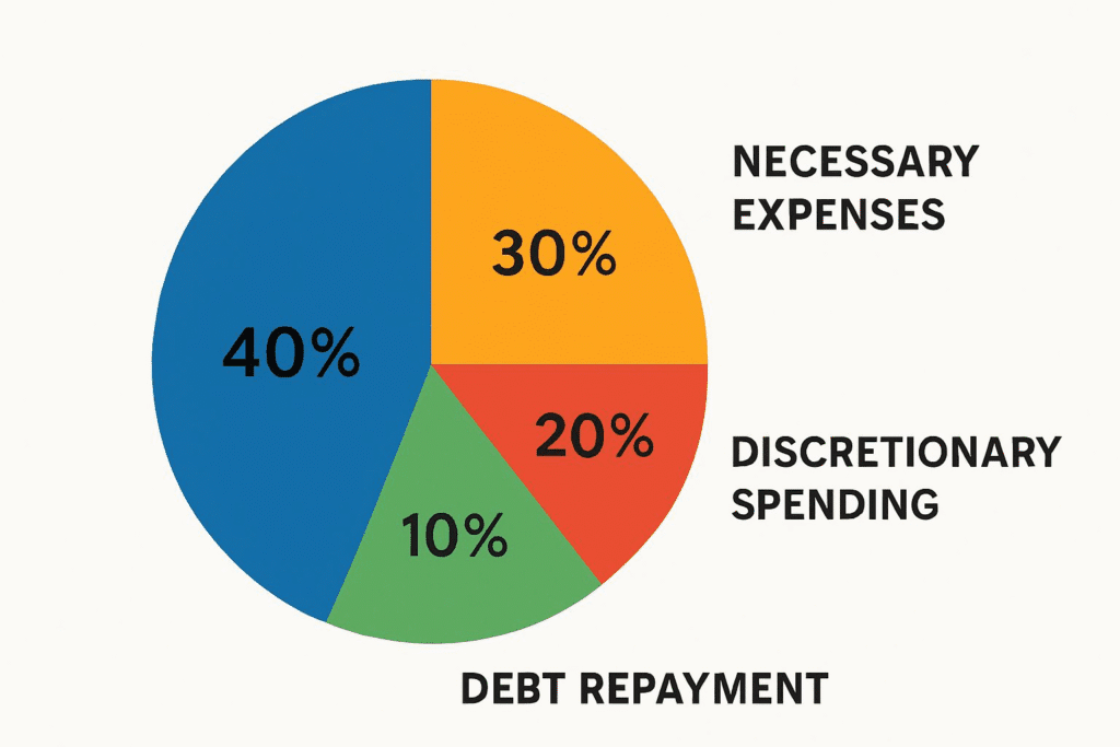A colorful financial pie chart showcasing the 40-30-20-10 rule with clear labels for savings, expenses, discretionary spending, and debt repayment.