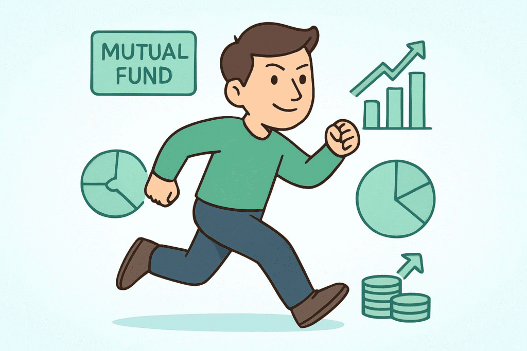 Minimalist cartoon-style illustration of a confident investor surrounded by financial icons, representing smart investing and mutual fund wealth-building for beginners