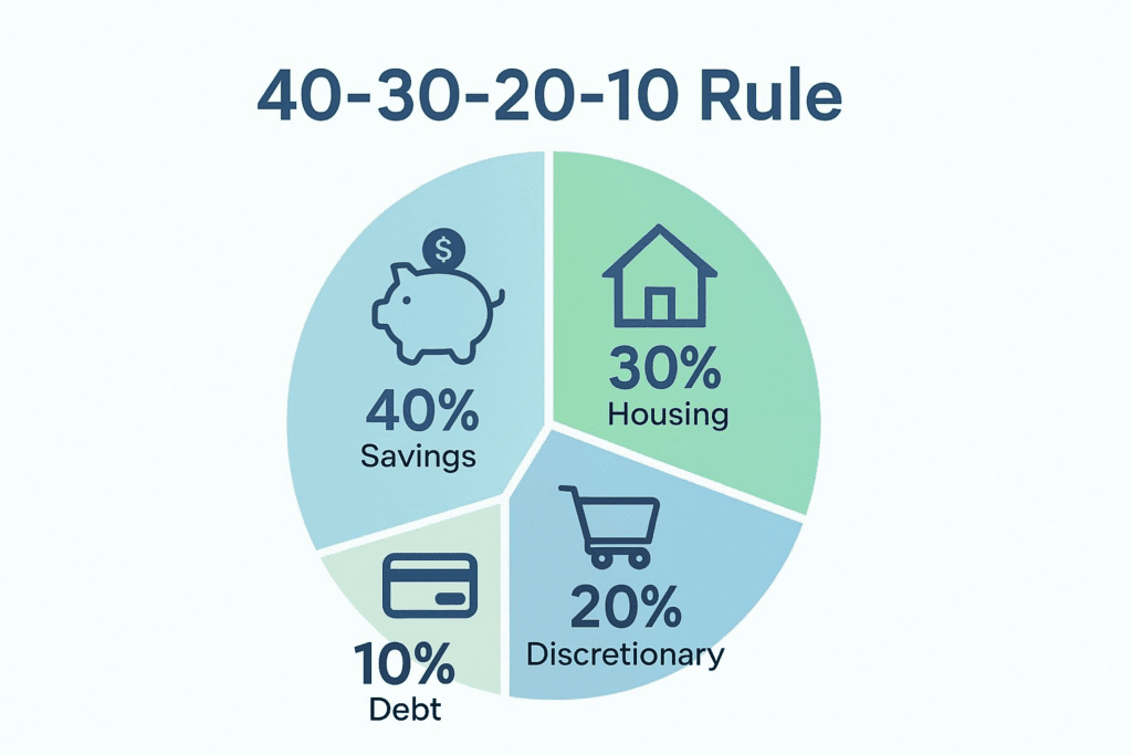 Infographic showing the 40-30-20-10 rule with icons such as a piggy bank for savings, a house for necessary expenses, and a credit card for debt