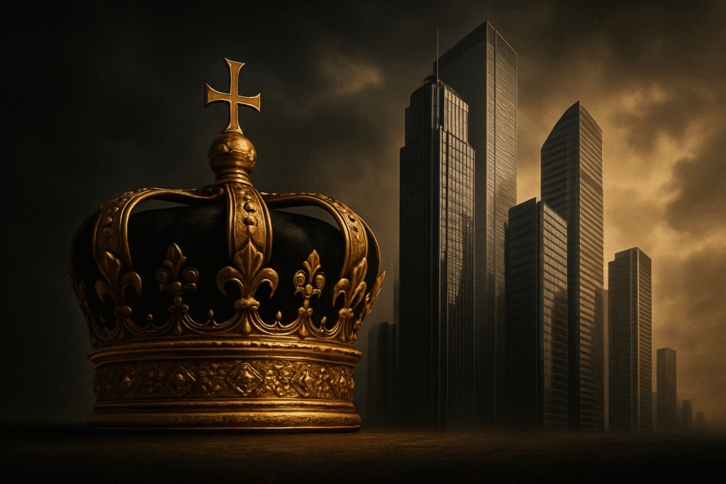 A symbolic image showing an old royal crown placed beside modern skyscrapers, representing the shift from monarchic wealth to corporate power.