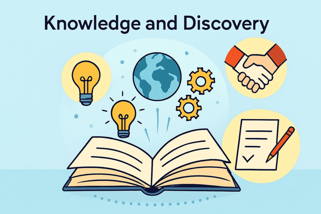 - An open book with illustrations of light bulbs, a globe, and gears emerging from its pages, symbolizing curiosity and the joy of learning.