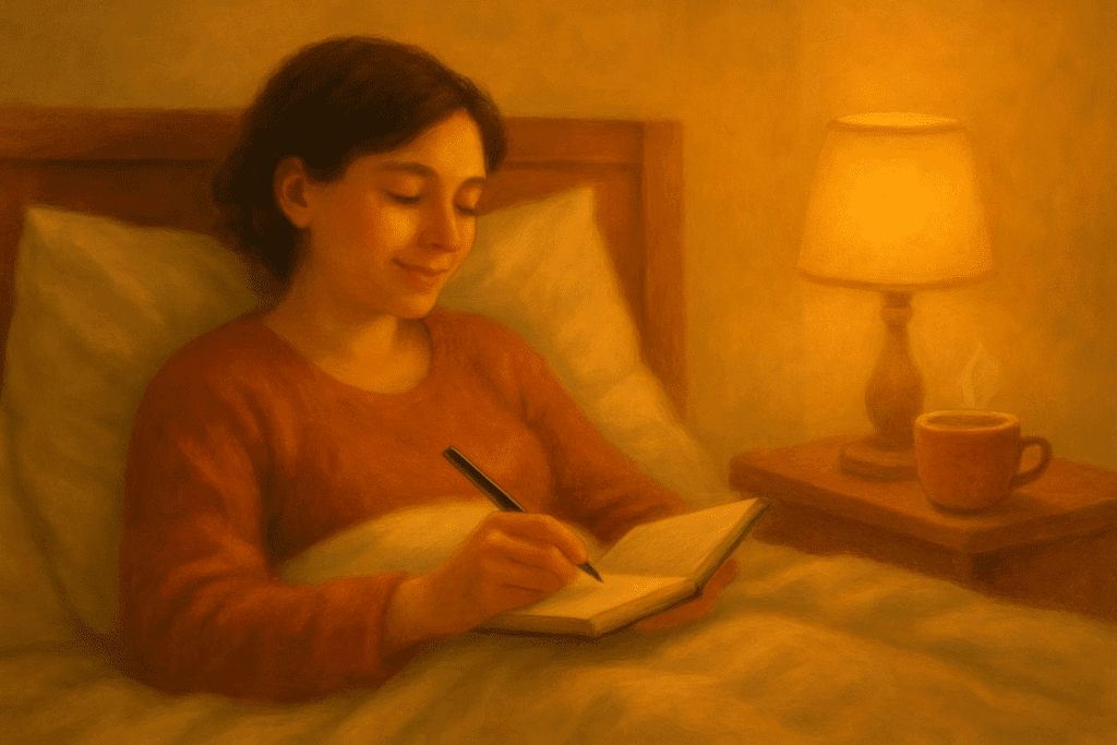 A person journaling in bed under warm, soft lighting, with a cup of tea nearby, conveying peace and relaxation.