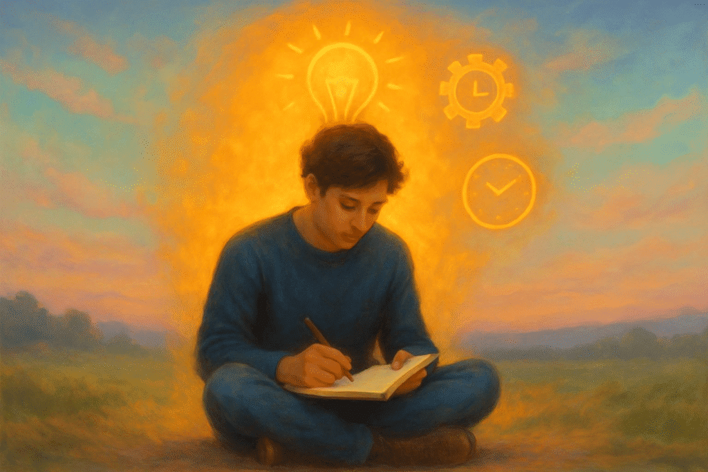 A motivational image of a person embracing stillness, journaling, or reflecting, with a glowing aura of inspiration surrounding them, symbolizing boredom as a gateway to productivity.