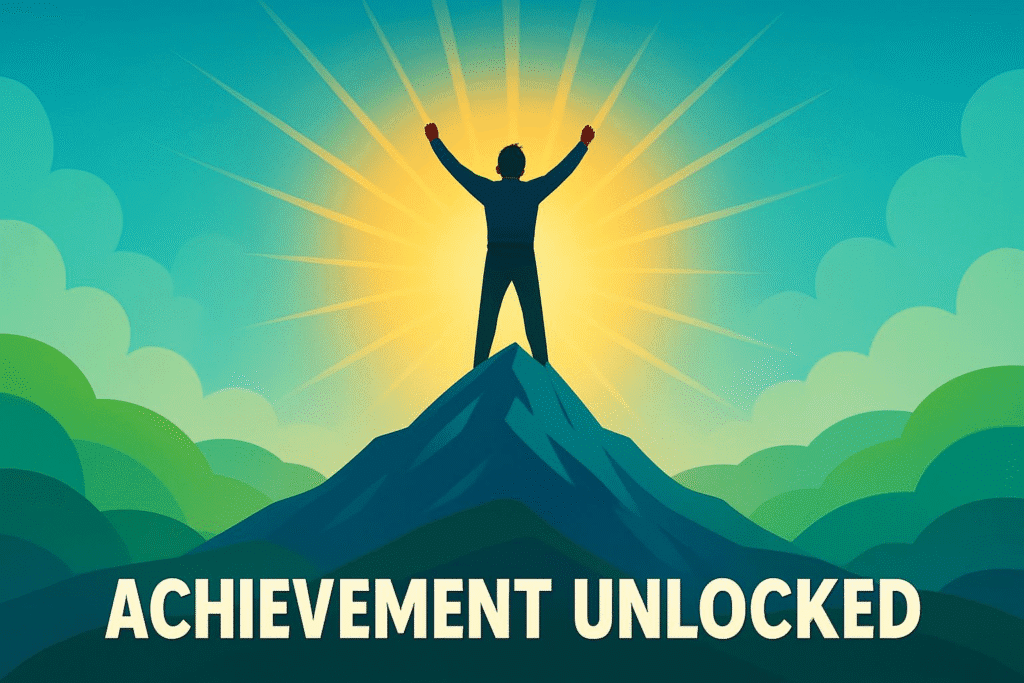 - A person standing triumphantly on top of a mountain, arms raised in victory, symbolizing the achievement of goals through motivation.