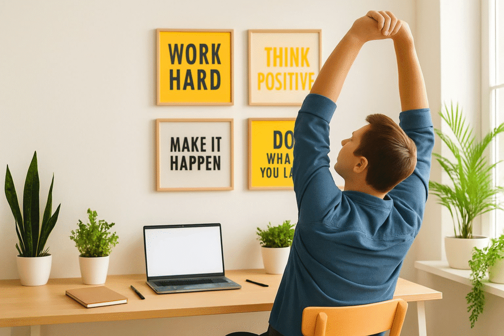 - A person stretching at their desk, with a bright workspace featuring motivational quotes and green plants, symbolizing productivity and energy.