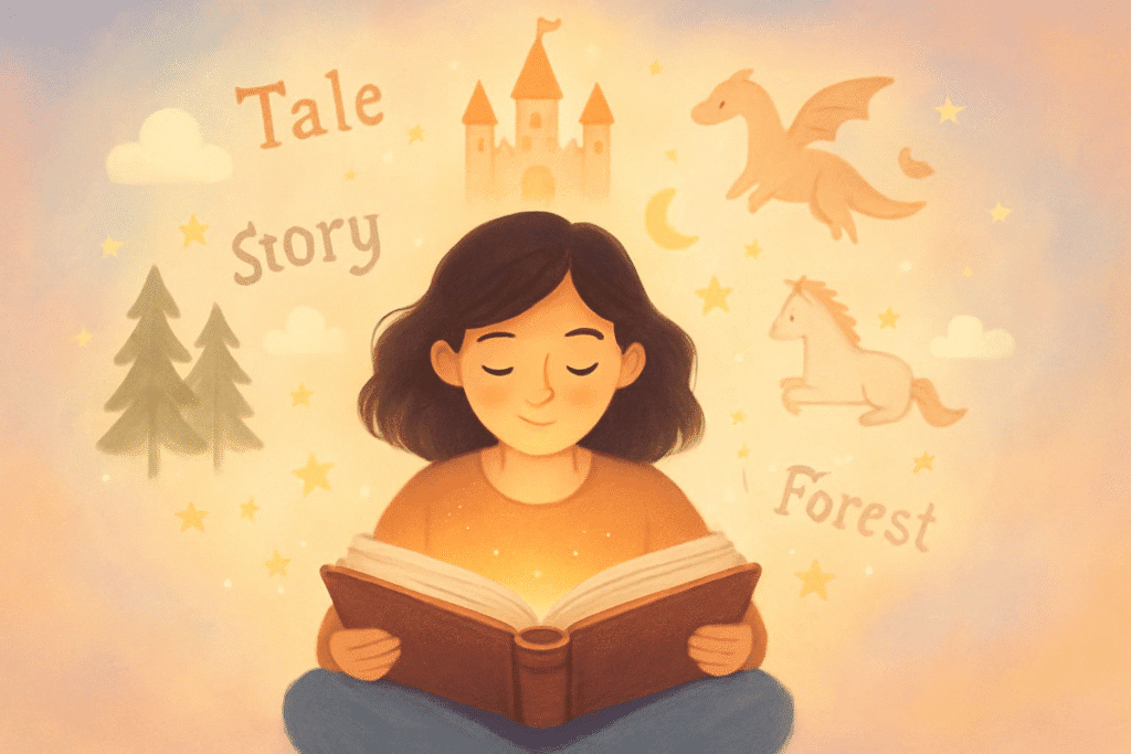Illustration of a reader immersed in a thick book, with story elements like characters and landscapes emerging from the pages, symbolizing immersive storytelling.