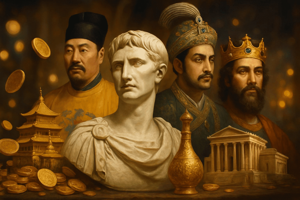 A collage featuring Augustus Caesar, Emperor Shenzong, Akbar the Great, and King Solomon, with symbols of their wealth (gold, palaces, artifacts) surrounding them.