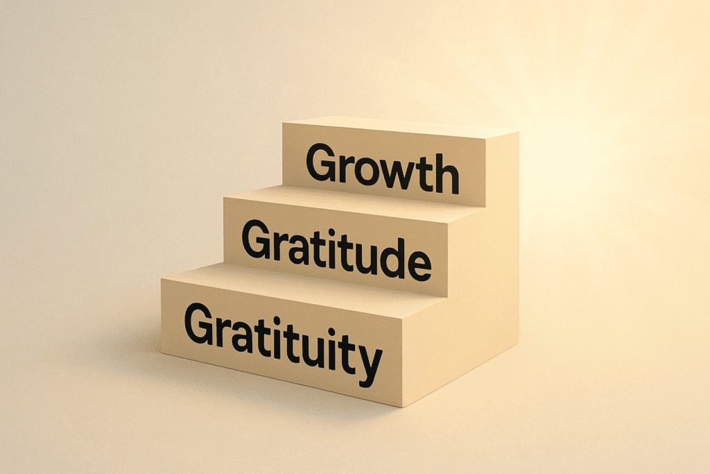 Upward staircase with steps labeled 'Gratitude,' 'Growth,' and 'Challenges,' symbolizing progress toward a positive mindset.