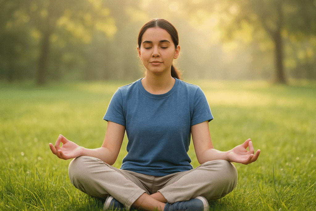 A student meditating on a grassy field with soft sunlight in the background, evoking mindfulness and emotional balance.