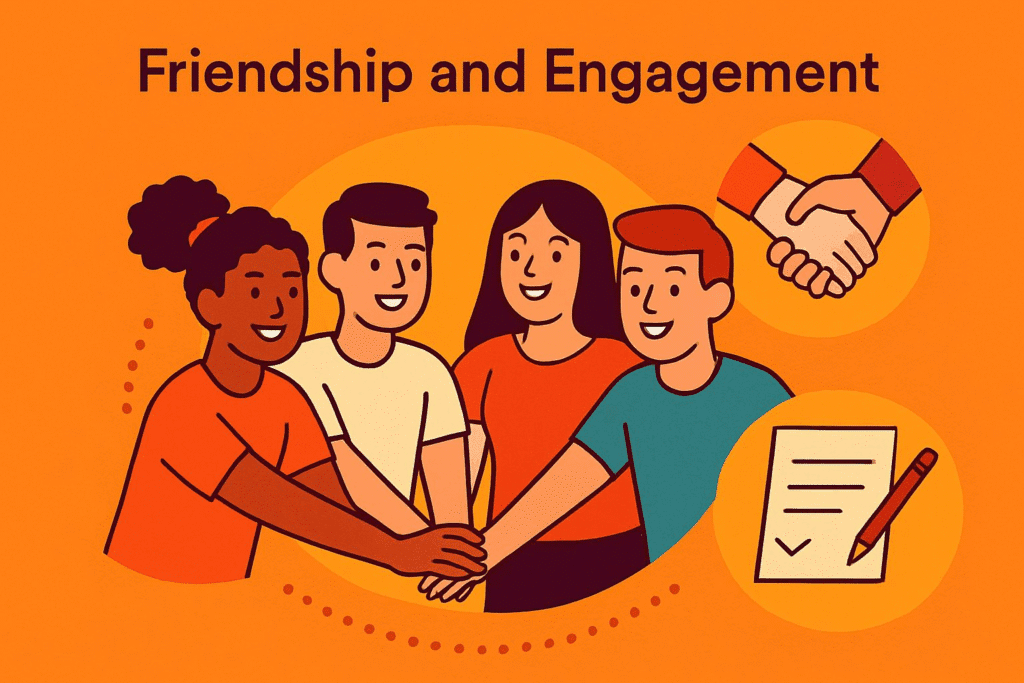 A group of students smiling and participating in a group activity like a team sport or club meeting, showcasing friendship and collaboration.
