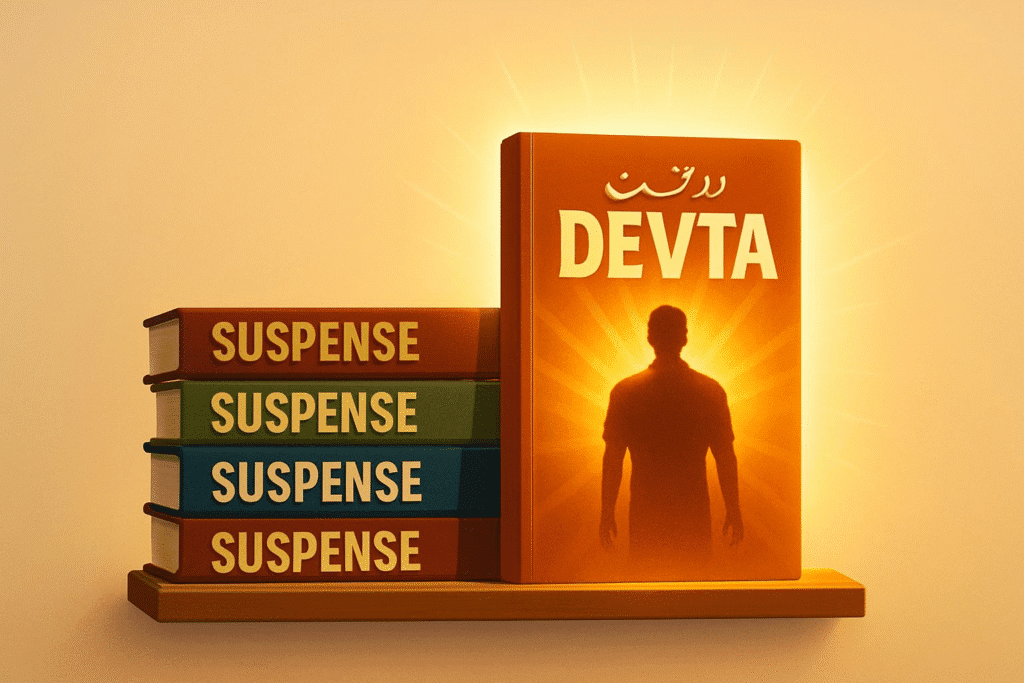 Stack of Suspense Digest magazines with a glowing book titled Devta by Mohiuddin Nawab, highlighting the longest story in history in Urdu literature.