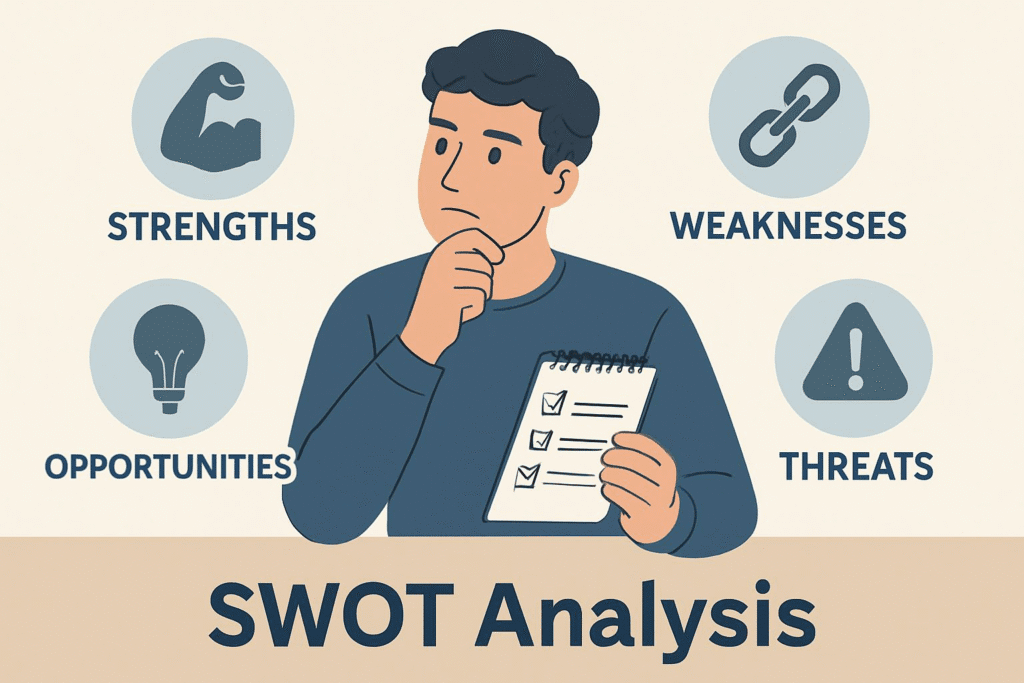 A person thoughtfully writing in a notebook, surrounded by icons representing strengths, weaknesses, opportunities, and threats (SWOT analysis).