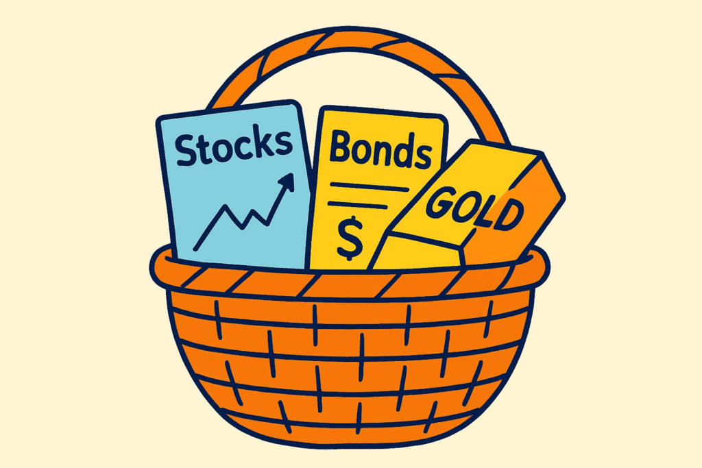 Minimalist cartoon of a basket filled with stocks, bonds, and gold, visually representing mutual fund diversification for beginner investors