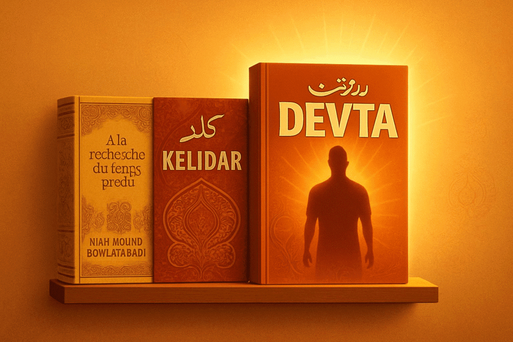 Collage of epic books including À la recherche du temps perdu, The Mahabharata, and Kelidar, with cultural and historical motifs from their origins.