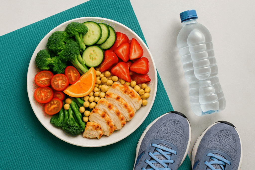 - A flat-lay image of a healthy meal with colorful fruits, vegetables, a water bottle, and a pair of running shoes alongside a yoga mat.