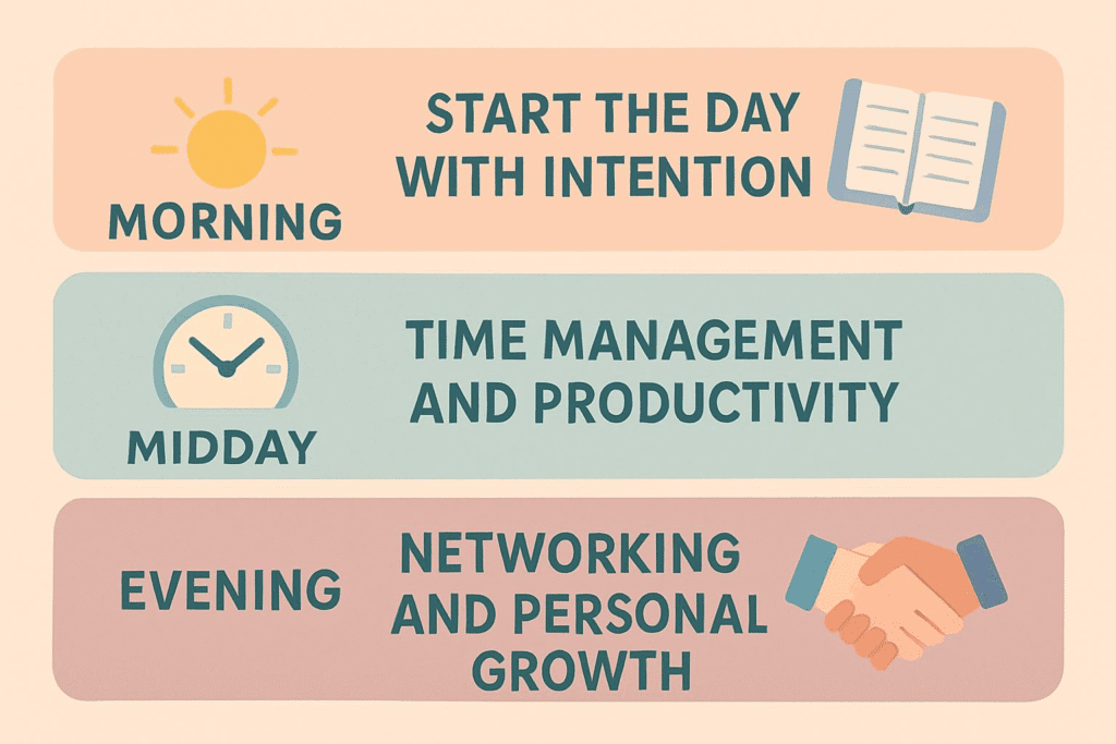 An infographic-style illustration showing a day split into morning, midday, and evening, with icons of a sun, clock, journal, and handshake to signify growth.