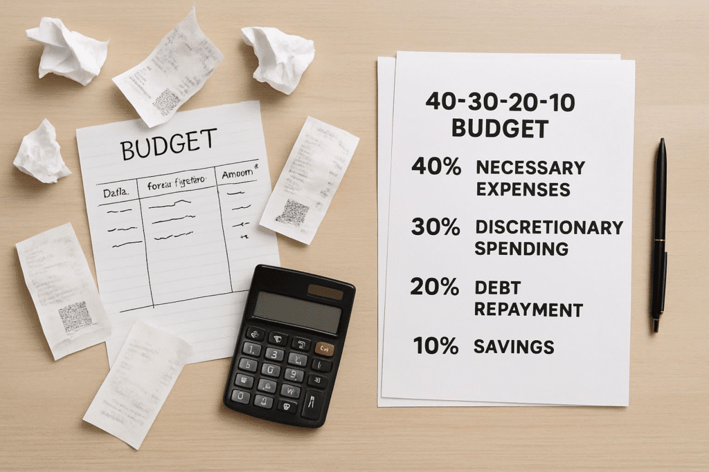 Side-by-side comparison of a cluttered budget with scattered receipts and a tidy, organized budget following the 40-30-20-10 rule.