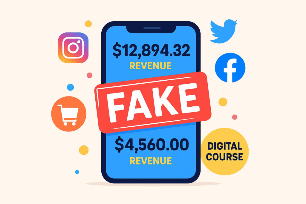 Smartphone showing fake earnings screenshots and social media icons representing dropshipping course scams.