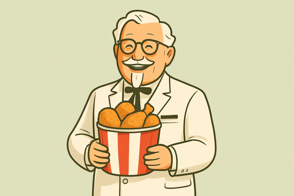 Cartoon illustration of Colonel Sanders in a white suit, holding a bucket of fried chicken with a proud expression, flat design