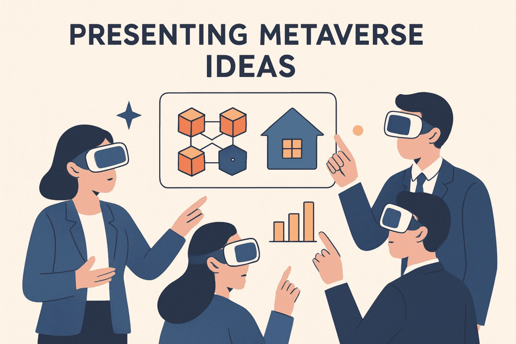 Cartoon-style image of tech leaders showcasing VR headsets, digital real estate, and NFT icons to represent early metaverse hype.