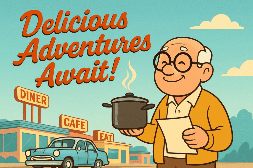 Flat cartoon of an elderly man holding a cooking pot and recipe paper beside a vintage car on the roadside, representing travel and determination