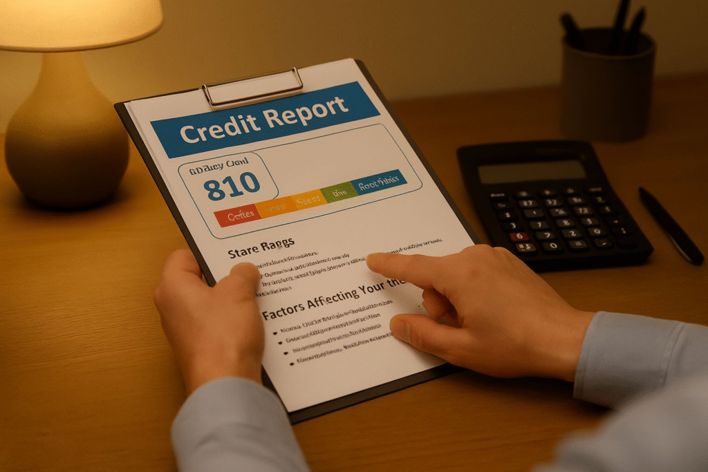 Person reviewing credit report and calculating debt repayment strategy.”