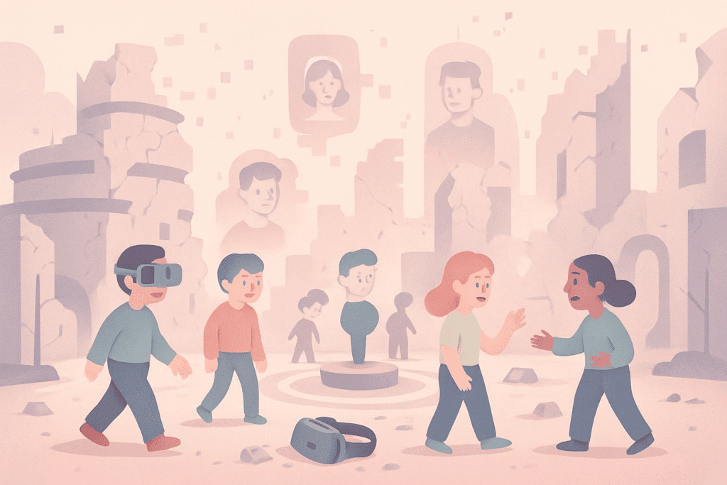 Minimalist illustration of a crumbling virtual world with broken VR devices and confused digital avatars, symbolizing the decline of the metaverse.