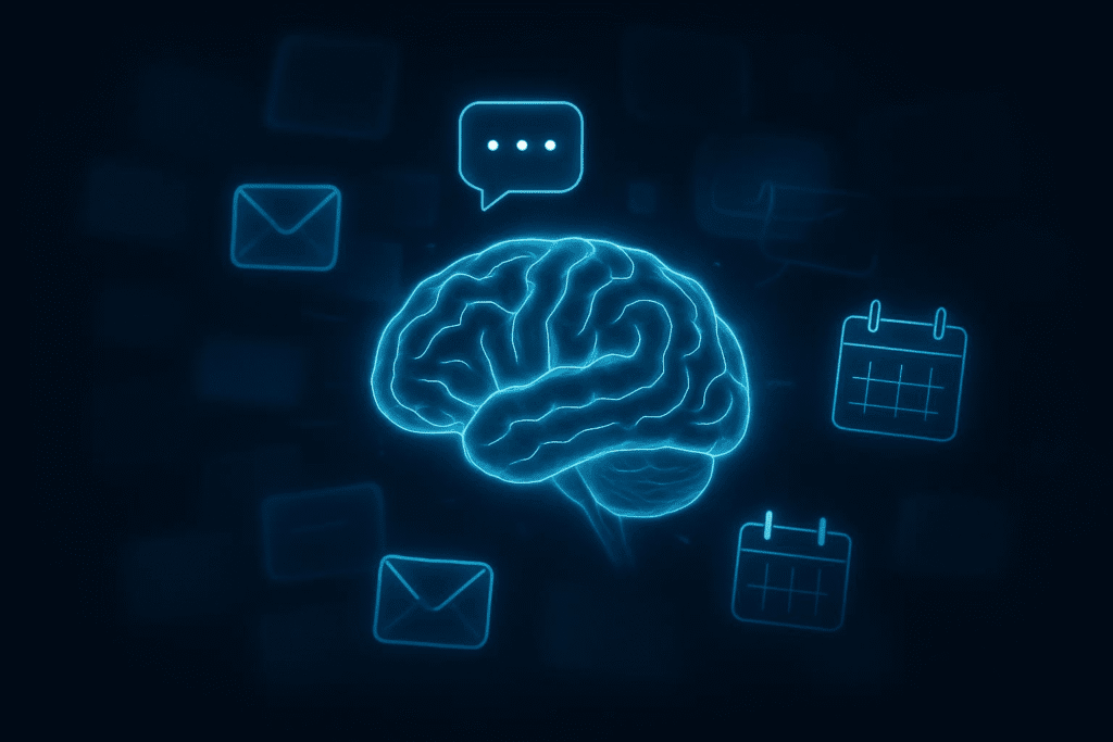 Digital artwork of a glowing human brain with blurred task icons like email and chat bubbles around it, symbolizing cognitive overload.