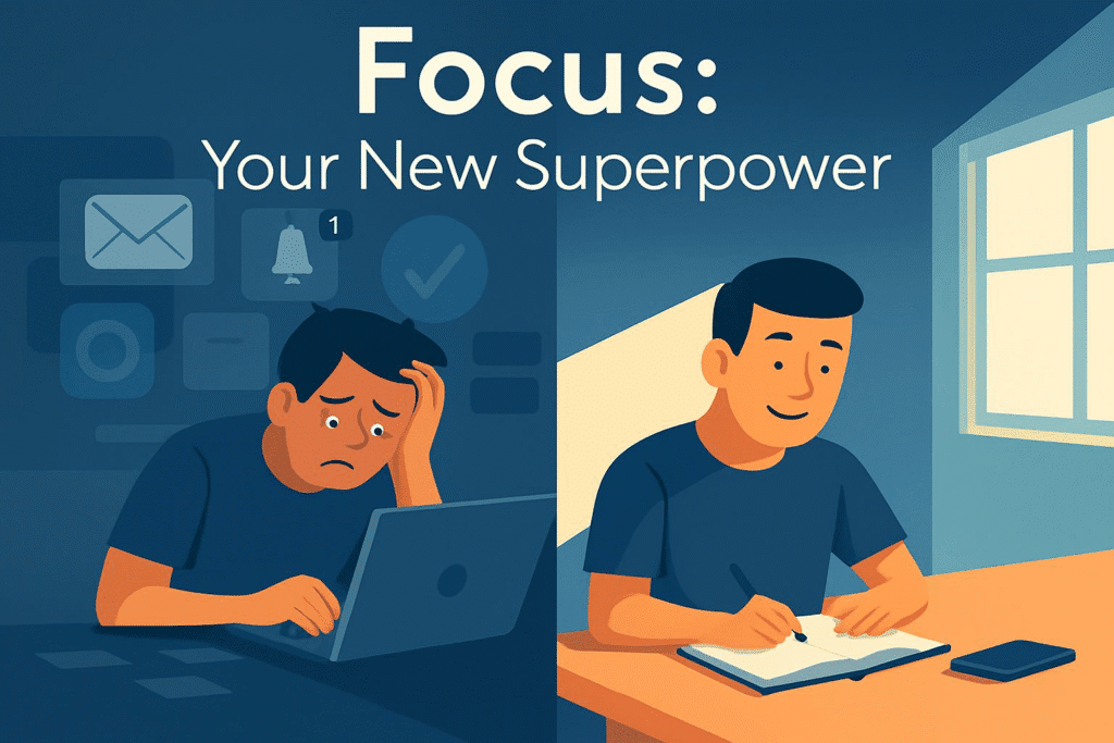 Illustration of a split scene showing an overwhelmed person with cluttered screens on one side and the same person calmly focused at a clean desk on the other, with text ‘Focus: Your New Superpower