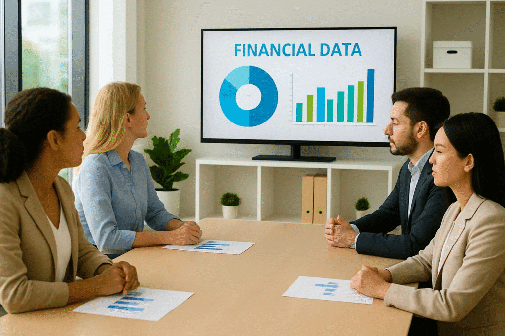 Team of financial professionals discussing market trends and investment strategies.”
