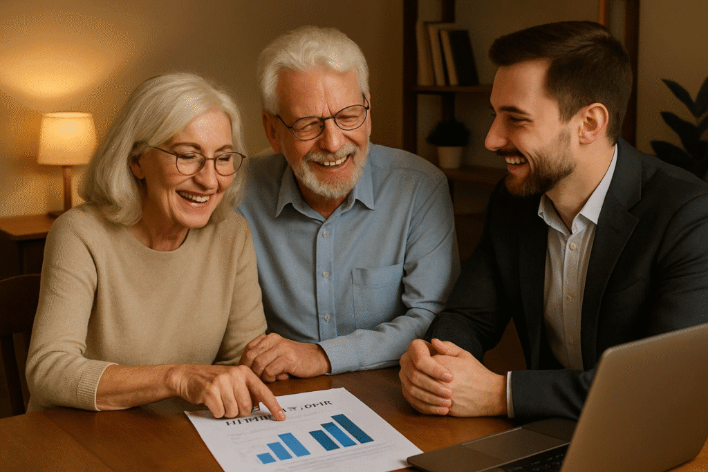 Elderly couple consulting financial advisor about retirement planning.”