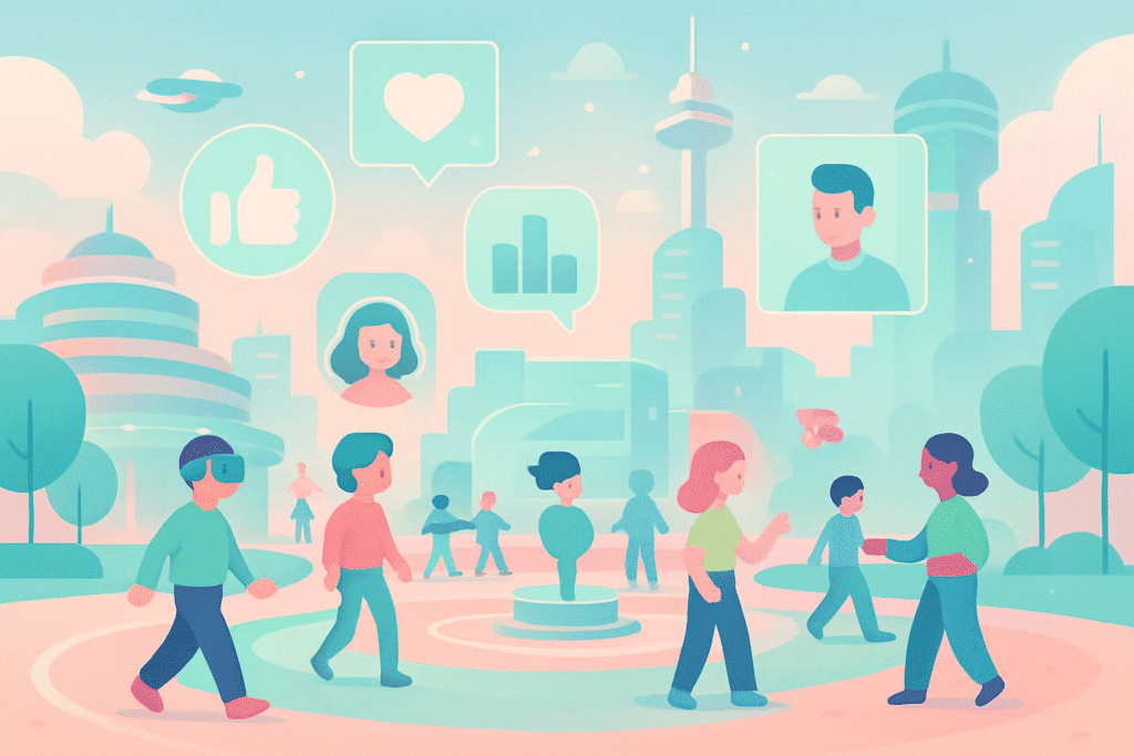 Illustration of a futuristic digital city with avatars and holograms representing the concept of the metaverse in a cartoon-style design.