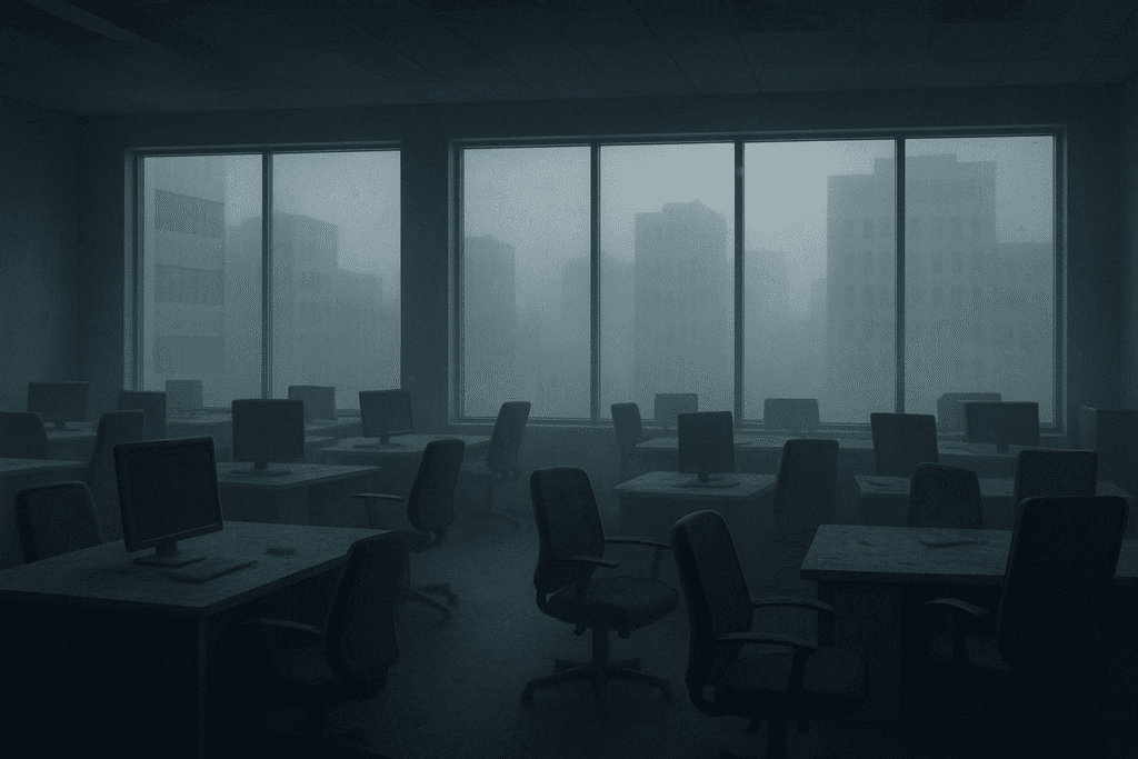 An image of an empty corporate office with abandoned desks and chairs, signifying the decline of traditional work environments.