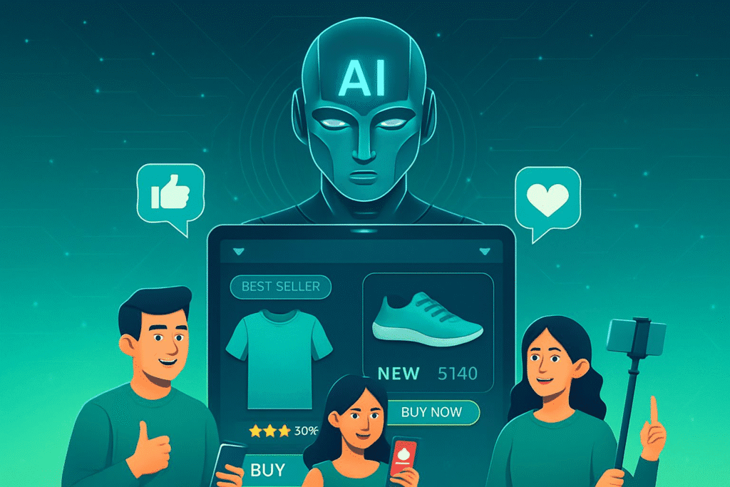 Futuristic representation of AI automation and influencer marketing powering the future of e-commerce.