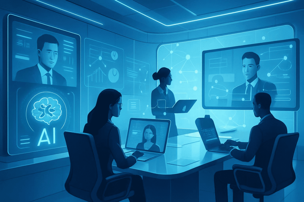A futuristic workspace with AI-powered tools, virtual collaboration screens, and employees connected across different locations, representing the impact of technology on decentralized work.