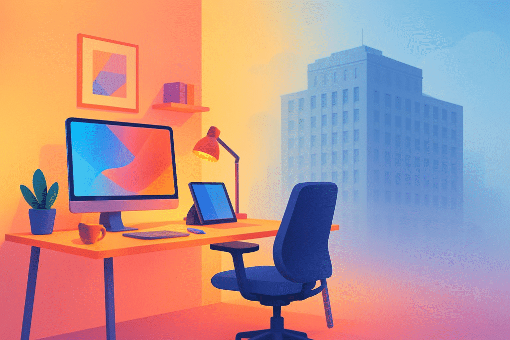 A futuristic digital illustration depicting a traditional office building fading into the background, while a vibrant, modern remote workspace emerges in the foreground. The contrast symbolizes the death of the 9-to-5 and the rise of flexible work models. The Decline of the 9-to-5 Work Model Alt Text: An image of an empty corporate office with abandoned desks and chairs, signifying the decline of traditional work environments. The Rise of Flexible Work Models Alt Text: A dynamic split-screen image: One side shows a freelancer working from a beachfront café, while the other side shows a hybrid worker in a shared co-working space, highlighting the diversity of modern work setups. The Role of Technology in the Shift Alt Text: A futuristic workspace with AI-powered tools, virtual collaboration screens, and employees connected across different locations, representing the impact of technology on decentralized work. The Benefits of a Post-9-to-5 World Alt Text: An image of a relaxed worker enjoying flexible hours—perhaps journaling in a park or spending time with family—emphasizing work-life balance. What’s Replacing the 9-to-5? Alt Text: A symbolic image showcasing various alternatives to traditional work: gig economy platforms, remote teams collaborating online, and blockchain-based DAOs. These alt texts will enhance accessibility and provide meaningful descriptions for your blog’s images. Let me know if you’d like any refinements!