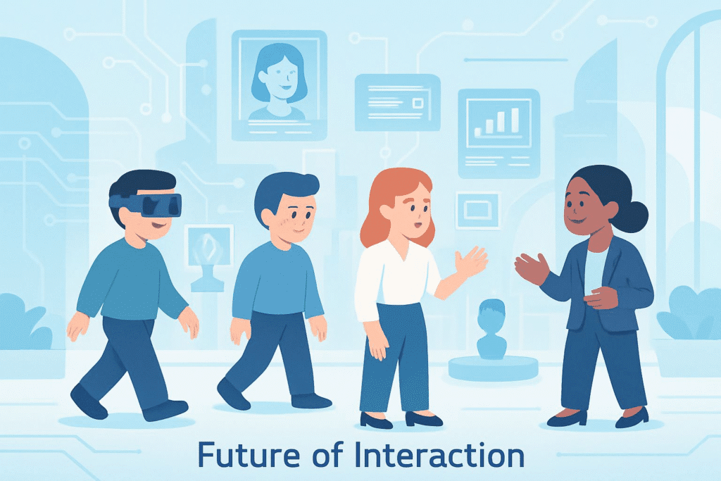 Cartoon-style scene showing people interacting with AR glasses, holograms, and brain-computer interfaces in a futuristic workspace.