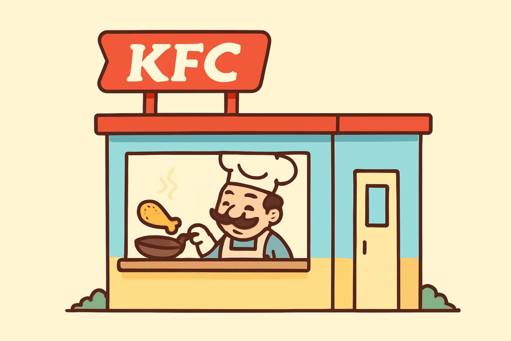 Minimal cartoon drawing of a small roadside diner with a cheerful chef inside cooking chicken, symbolizing the origin of KFC