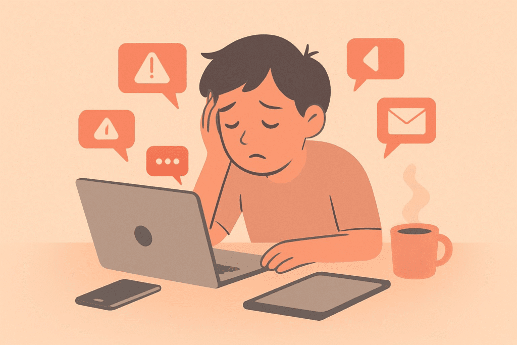 Illustration of a person at a cluttered desk with laptop, phone, and tablet, all showing notification symbols, representing multitasking overload.